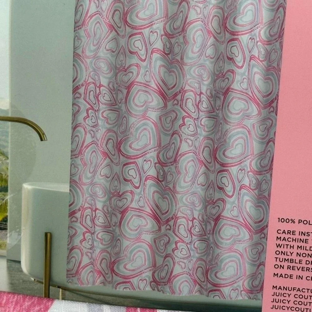 New Juicy Couture White Purple Pink Hearts Fabric Shower Curtain Hooks Set 70x72